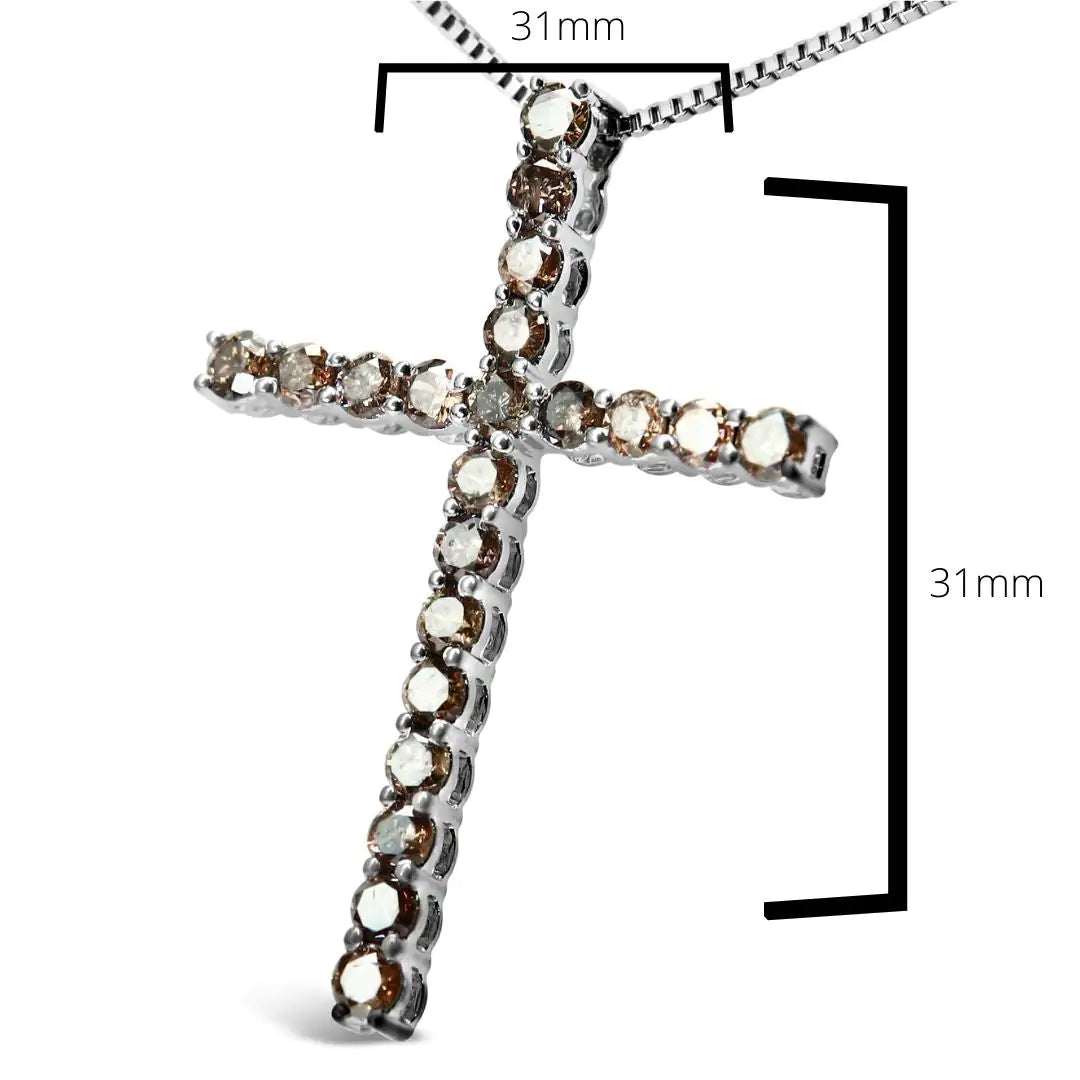 .925 Sterling Silver 1.0 Cttw Champagne Diamond Gold Cross Pendant Necklace for Women (Champagne Color, I1-I2 Clarity)- 18 inch