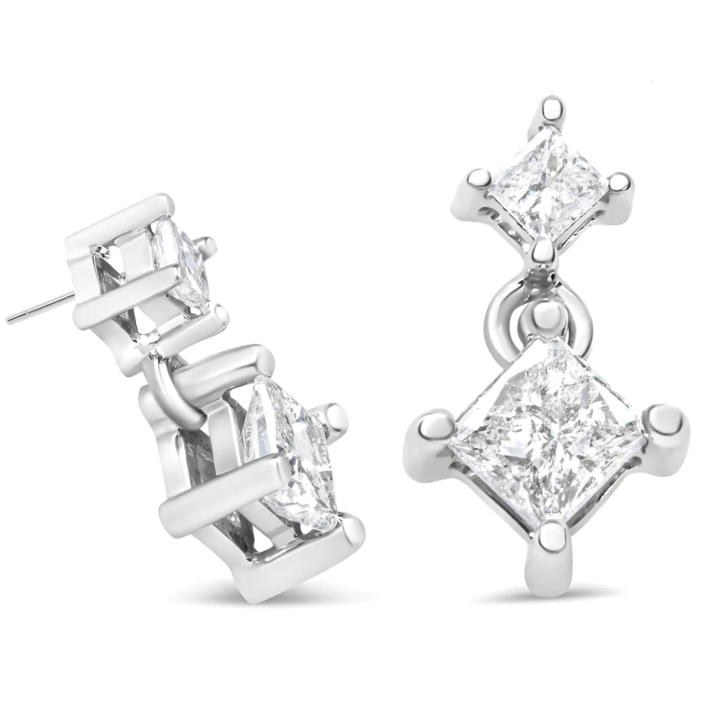 14K White Gold 3/8 Cttw Princess-Cut Diamond Double Dangle 2 Stone Stud Drop Earrings for Women (I-J Color, I2-I3 Clarity)