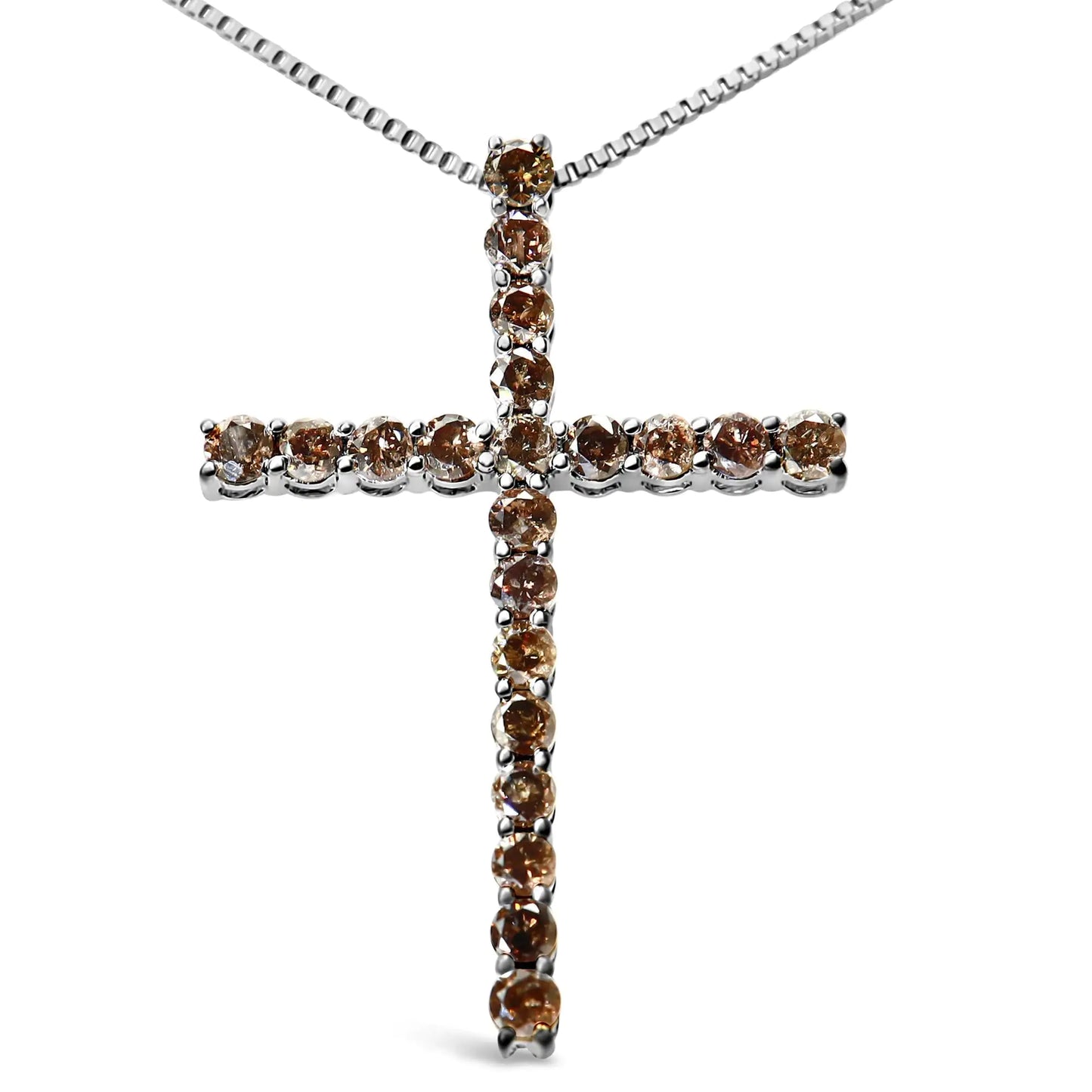 .925 Sterling Silver 1.0 Cttw Champagne Diamond Gold Cross Pendant Necklace for Women (Champagne Color, I1-I2 Clarity)- 18 inch